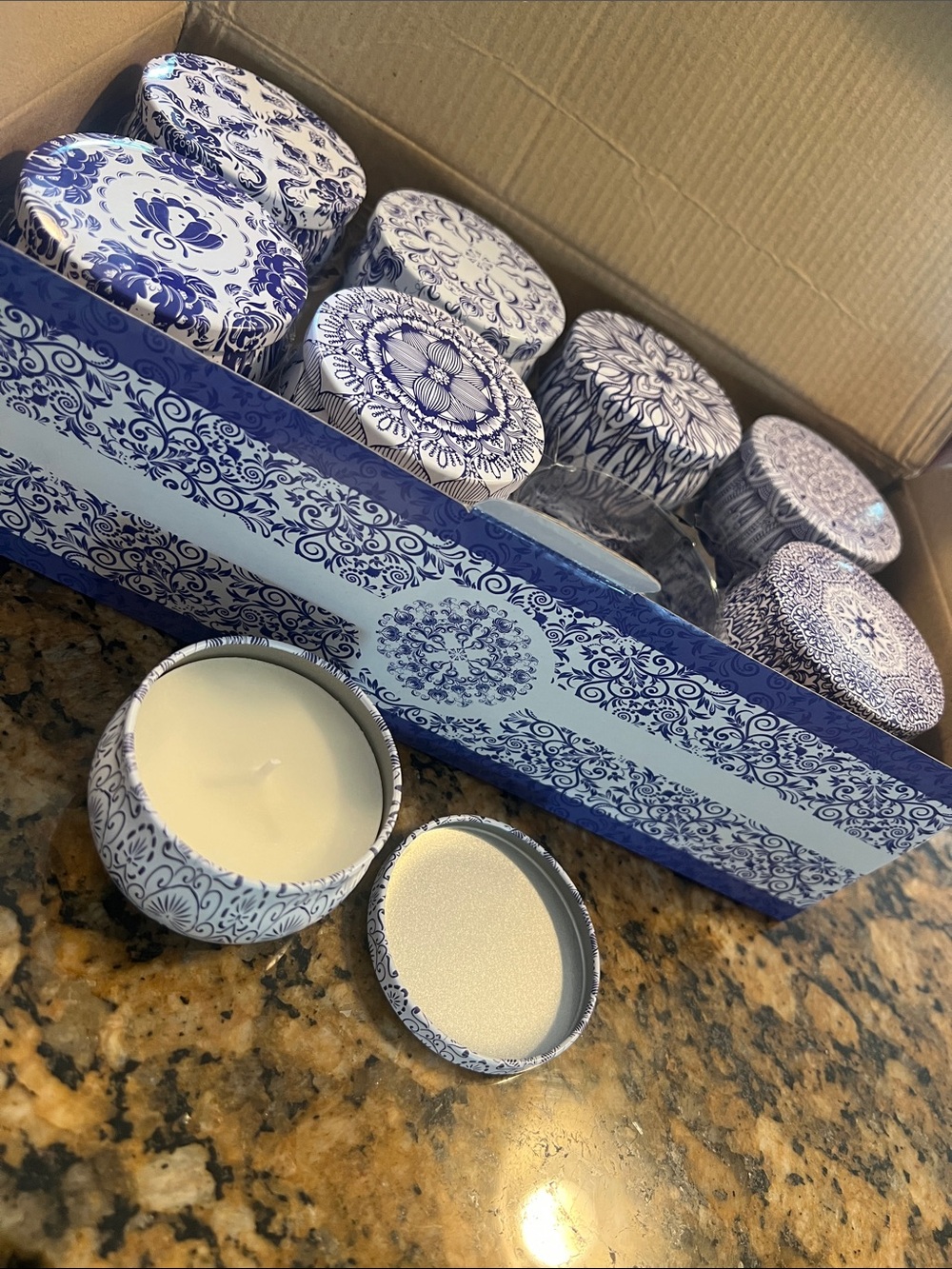 Set of 16 Decorative Blue & White Scented Tin Candles - Floral Pattern